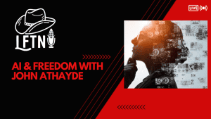 Side profile of a person with digital AI and freedom-themed graphics overlay.