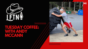 Man pushing large tires outdoors during podcast recording session.