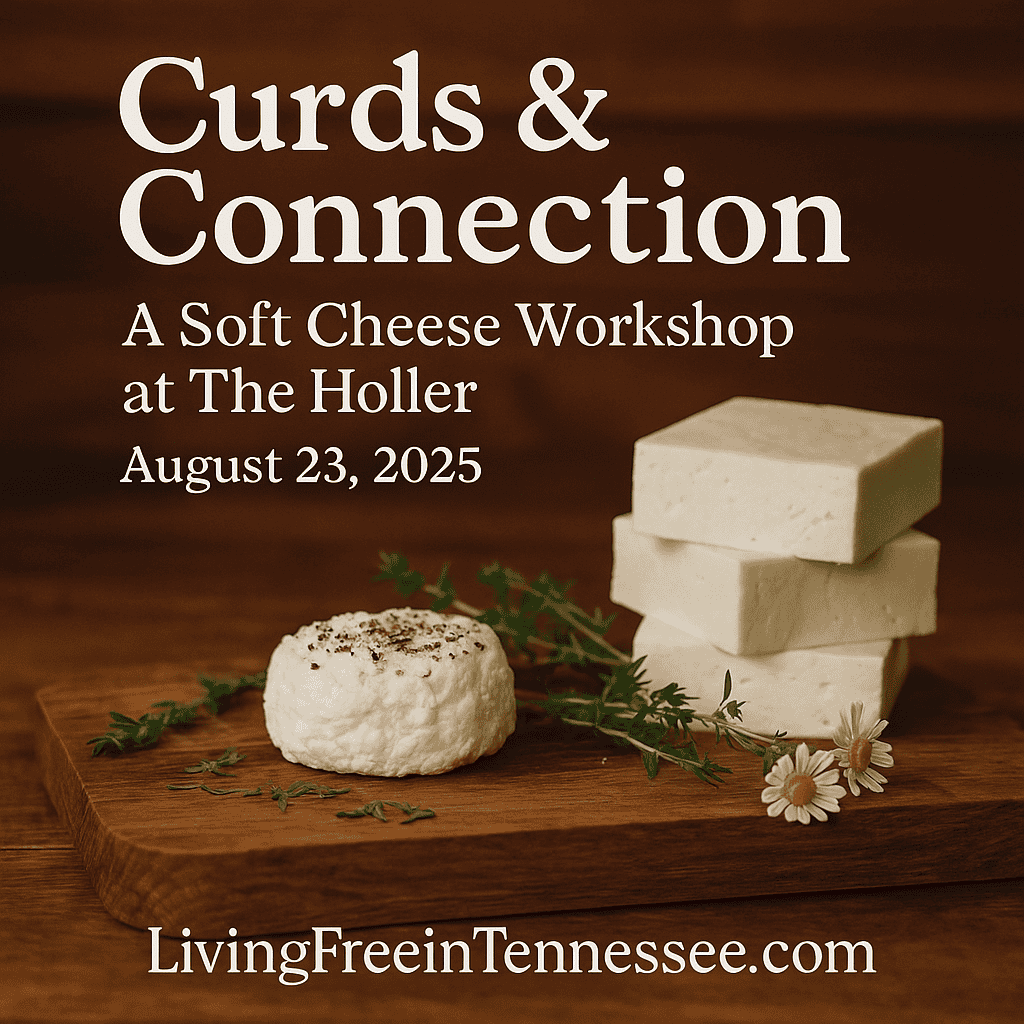 Soft cheese workshop poster with curds and cheese blocks on wooden surface.
