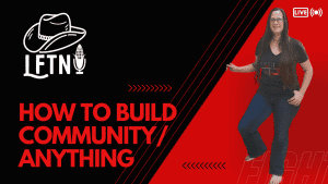 Woman speaking on live podcast about building community and connection.