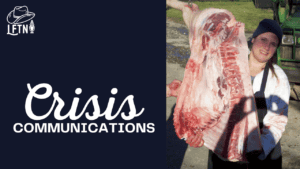 Woman holding a large raw meat cutout for crisis communication discussion.