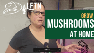 Woman explaining mushroom cultivation in a home setup with Northspore Martha Tent.