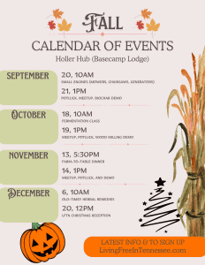 Fall schedule poster for Basecamp Lodge events in Tennessee.