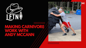Man pushing large tires outdoors, fitness training for carnivore lifestyle.