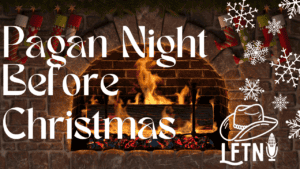 Cozy fireplace with Christmas decorations and snowflakes for Pagan Night Before Christmas.