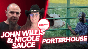 John Willis and Nicole Sauce visiting a farm with a cow and farmer in Tennessee.