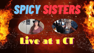 The Spicy Sisters podcast hosts live recording session in Tennessee with fiery background.