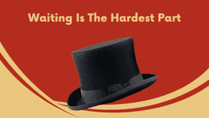 Waiting list instructions graphic for podcast, featuring a black hat on a red background.