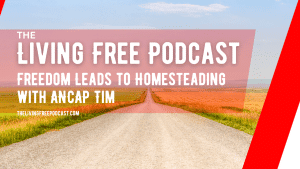 Podcast cover image featuring a rural road with fields, promoting homesteading and freedom.