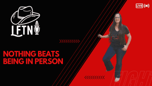 Woman speaking during a live podcast episode titled "Nothing Beats Being In Person".
