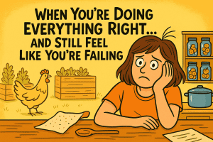 Frustrated woman at a table with farm items, feeling overwhelmed and discouraged.