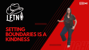 Woman smiling and gesturing during a podcast episode about setting boundaries.