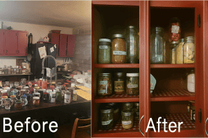 Before and after of pantry organization with jars and containers.