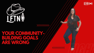 Woman speaking on live podcast about community building mistakes.