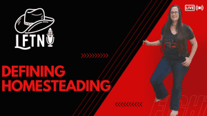 Woman hosting a homesteading podcast episode on defining homesteading.
