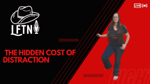 Woman speaking on live podcast about distraction costs, with Tennessee-themed logo in background.