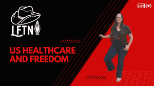Woman speaking on US healthcare and freedom during a live podcast episode.