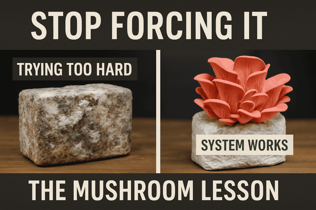 Rock and mushroom sculpture illustrating the lesson of not forcing growth.