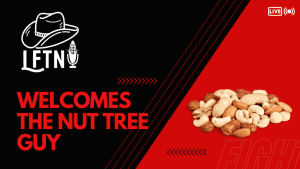 Man with nut trees promoting business on podcast.