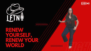 Woman smiling and dancing on a podcast cover with "Living Free in Tennessee" logo.