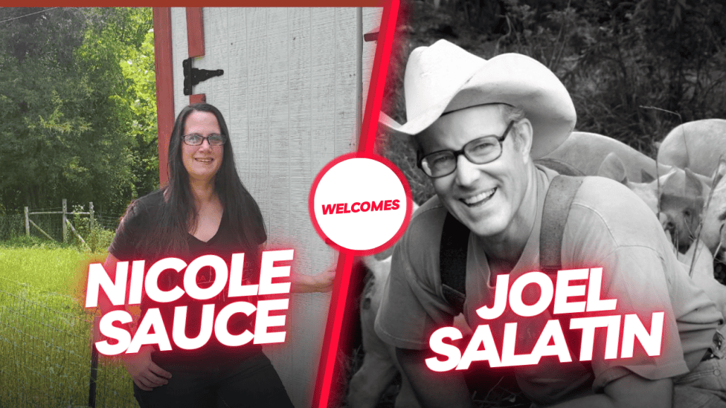 Nicole Sauce and Joel Salatin smiling outdoors at the podcast event.