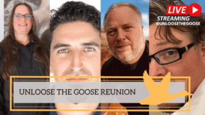 Group of four people discussing on a podcast about global issues.