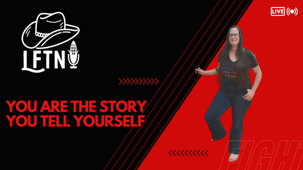 Woman speaking on live podcast about self-story and personal growth.